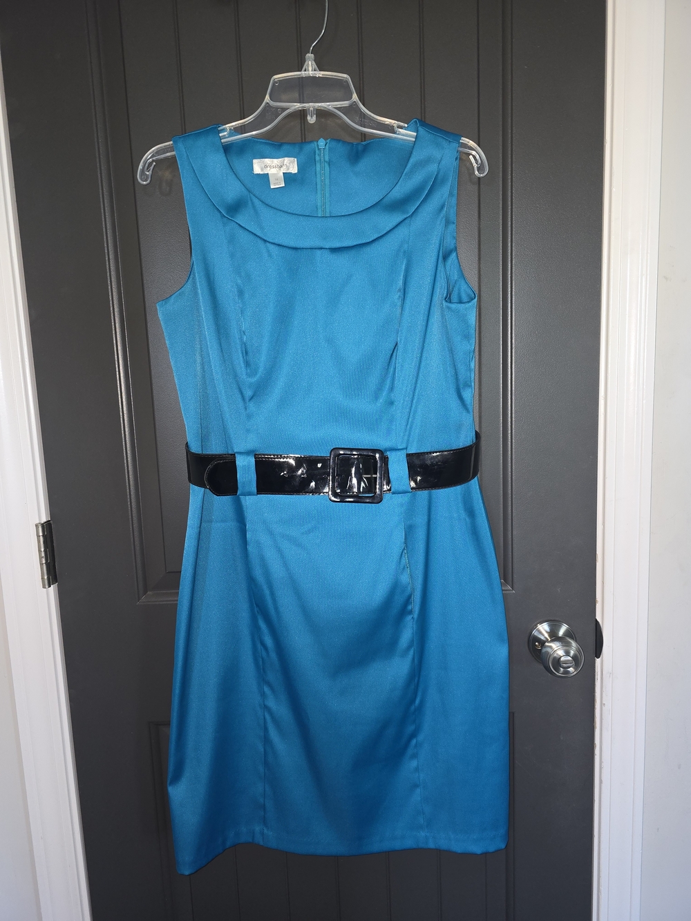 dressbarn Teal Sleeveless Sheath Dress with Black Patent Belt